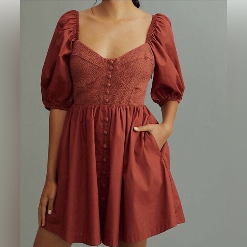 Anthropologie Maeve Puff Sleeved Mini Dress Rust Small